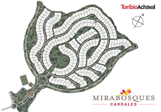 Plano general del barrio privado Mirabosques Cardales con lotes, calles curvas y áreas verdes.
