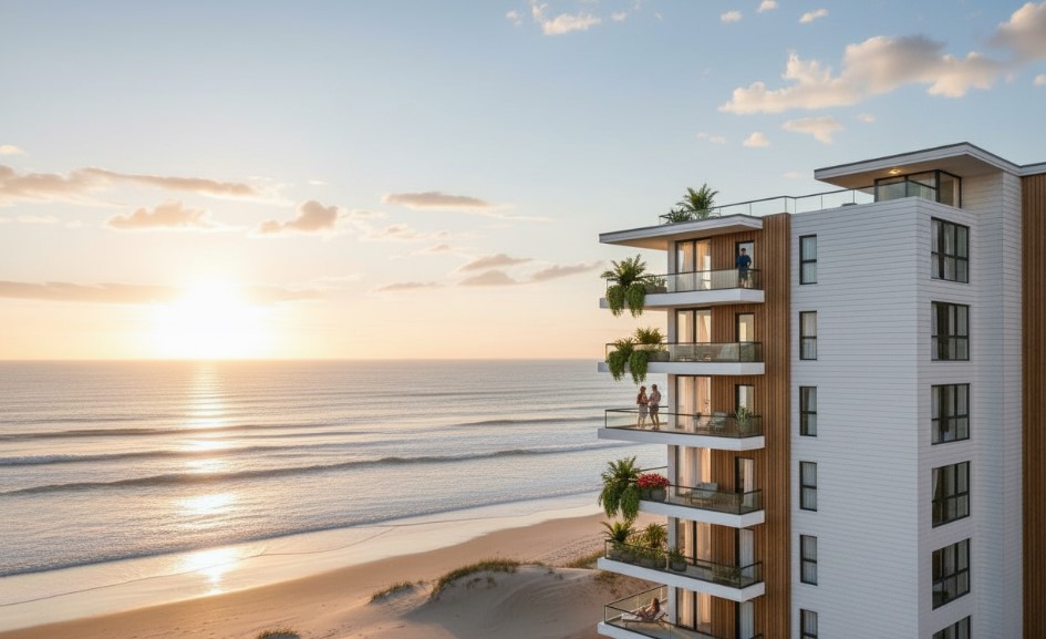 Render de un edificio moderno con balcones frente al mar al atardecer, con personas disfrutando de la vista y vegetación en las terrazas sobre la playa.