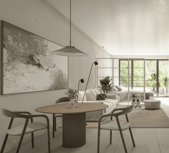 Living comedor moderno con mesa redonda de madera, sillas de diseño, sofá claro, lámpara colgante y gran ventanal al balcón.