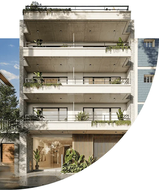 Fachada de edificio moderno con balcones escalonados, barandas negras.