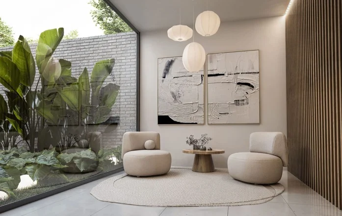 Sala de estar minimalista con sillones beige, mesa de madera, arte abstracto y ventanal con jardín verde exterior.